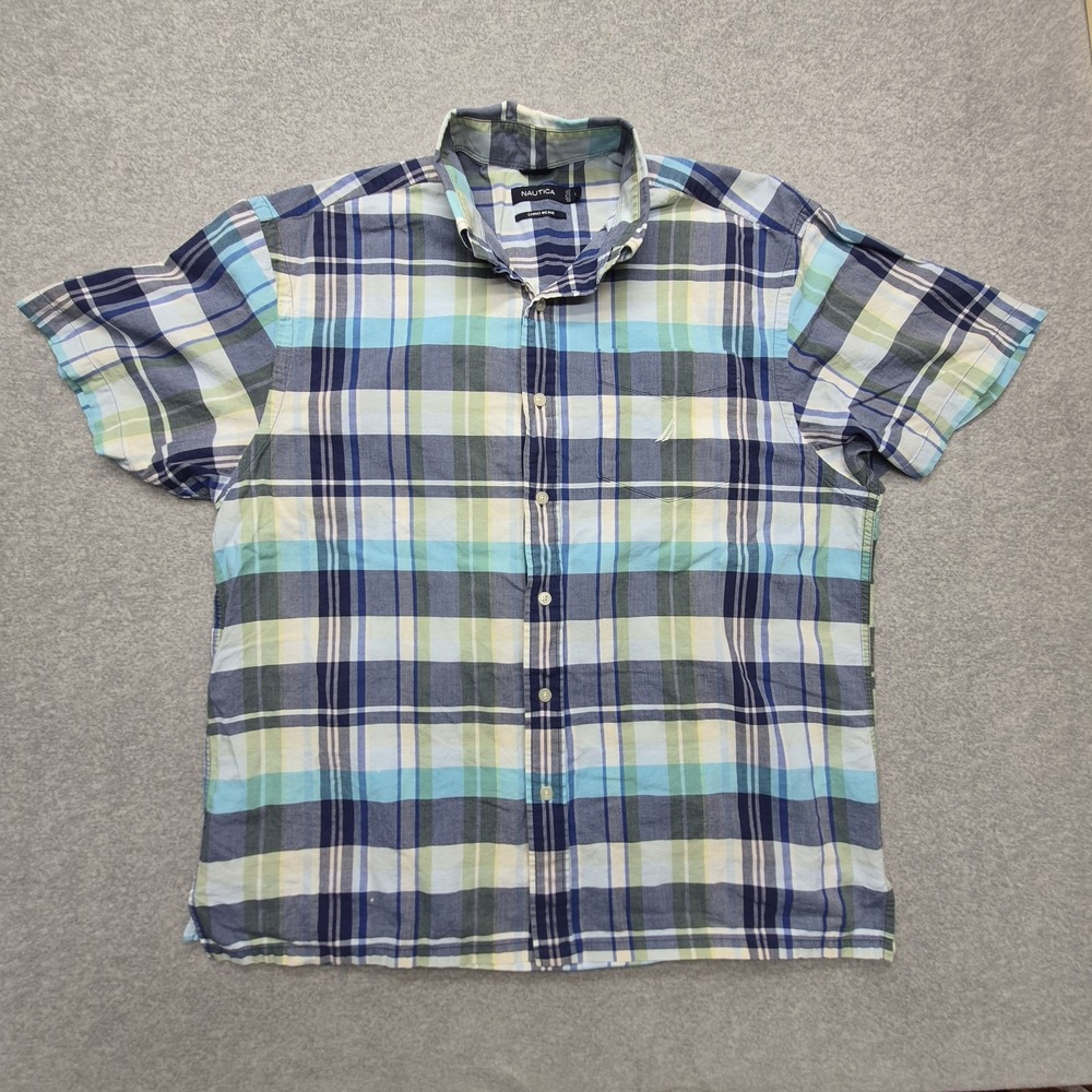 Vtg Nautica Plaid Button Down Shirt Mens L Chino Weave Short Sleeve Multicolor